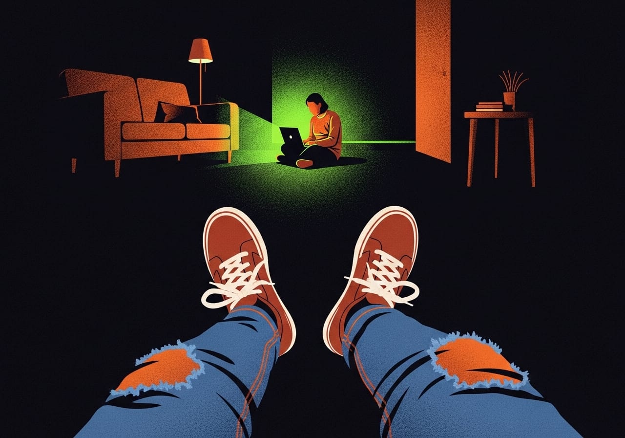 Low-angle view from a teenager's perspective looking across a dark room at a parent isolated in a pool of harsh green light from a laptop, emphasizing emotional distance.