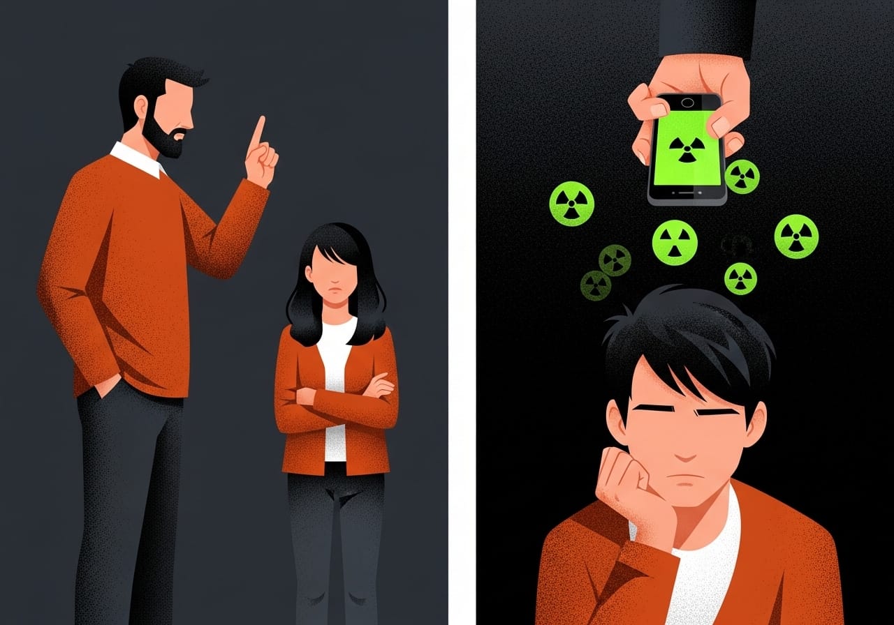 plit-screen illustration: A parent scolds a teen on the left, while the right side reveals the parent hiding a buzzing, glowing green smartphone behind their back.
