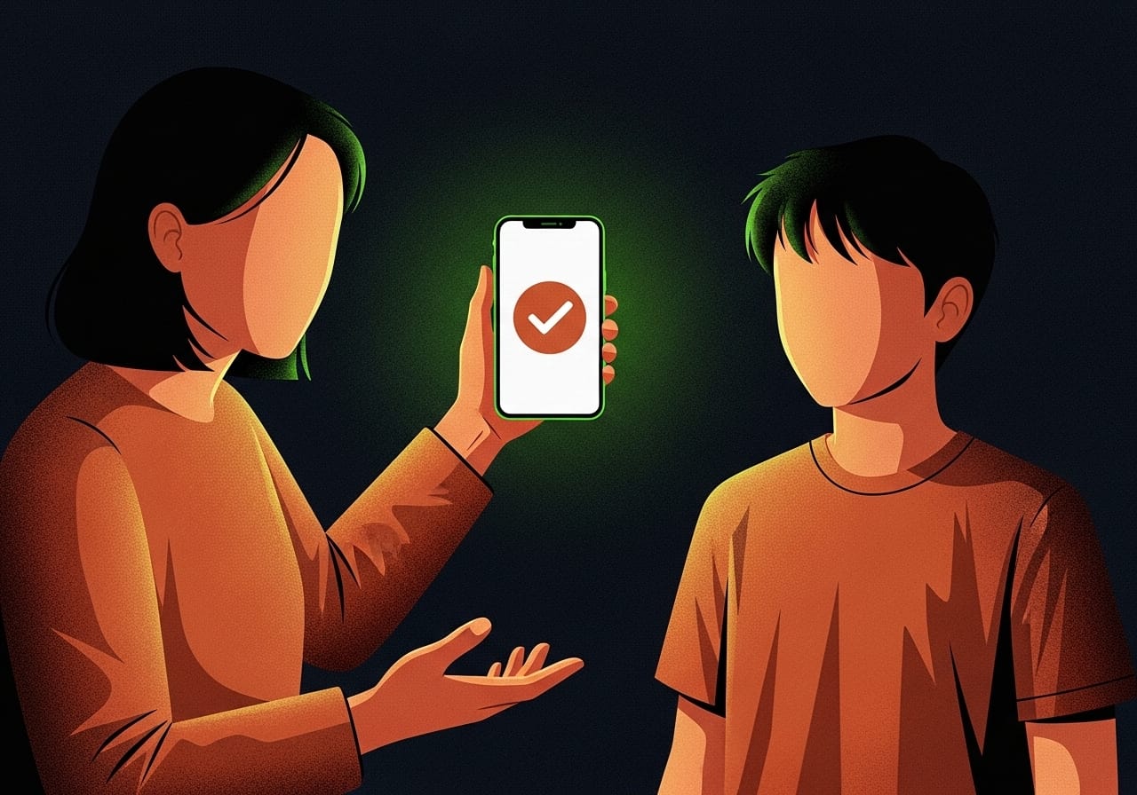 A parent showing a teen their phone screen displaying a calm amber checkmark. The harsh green light is gone, and the teen looks relaxed, showing the benefit of narrating intent.