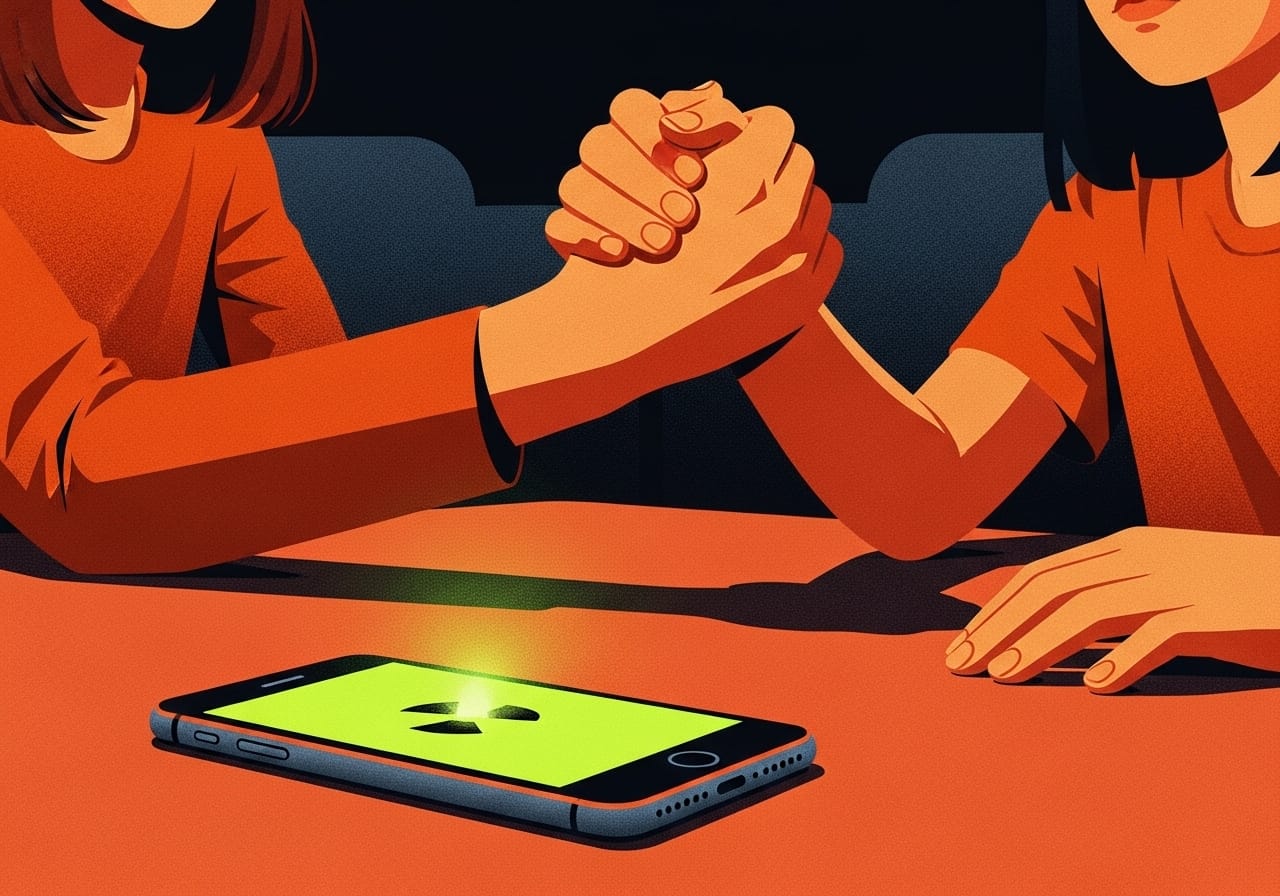 Close-up of a smartphone lying face down with no light. Next to it, a parent and teenager clasp hands in warm lighting, symbolizing the restoration of connection and attention.