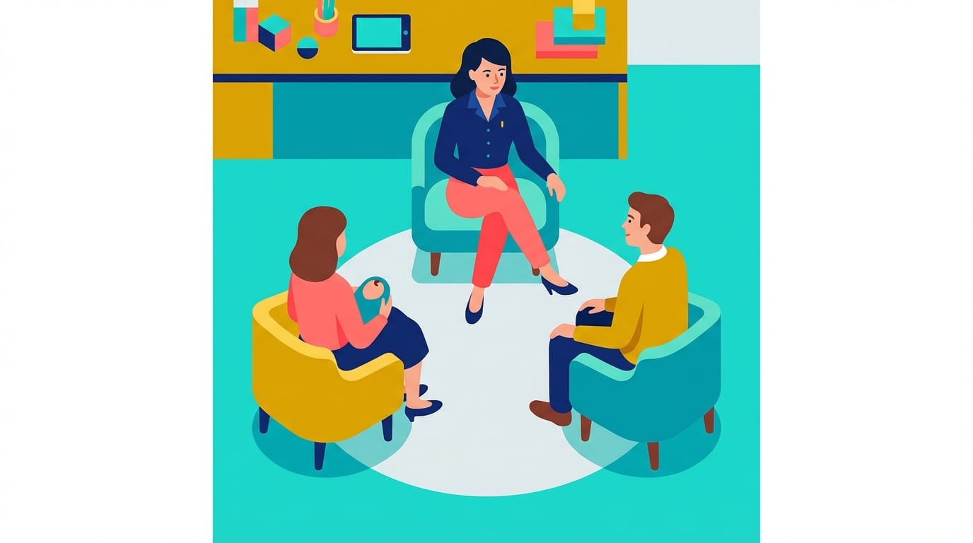 Illustration of a consultation room where a doctor, a mother holding a baby, and a father sit in an equal triangle, demonstrating physical inclusion in medical settings.