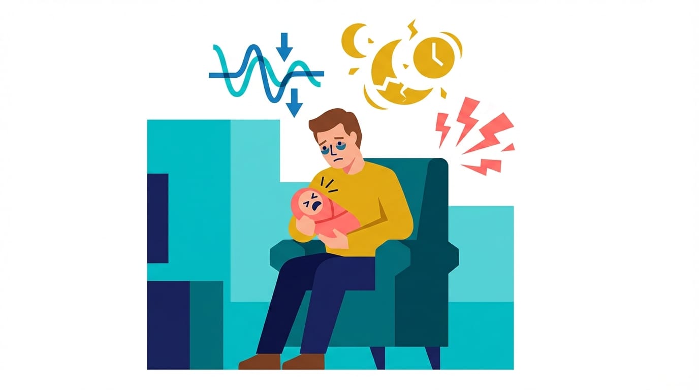 Illustration of an exhausted father holding a crying infant at night, with visual cues representing the sleep deprivation and hormonal drops linked to paternal depression.