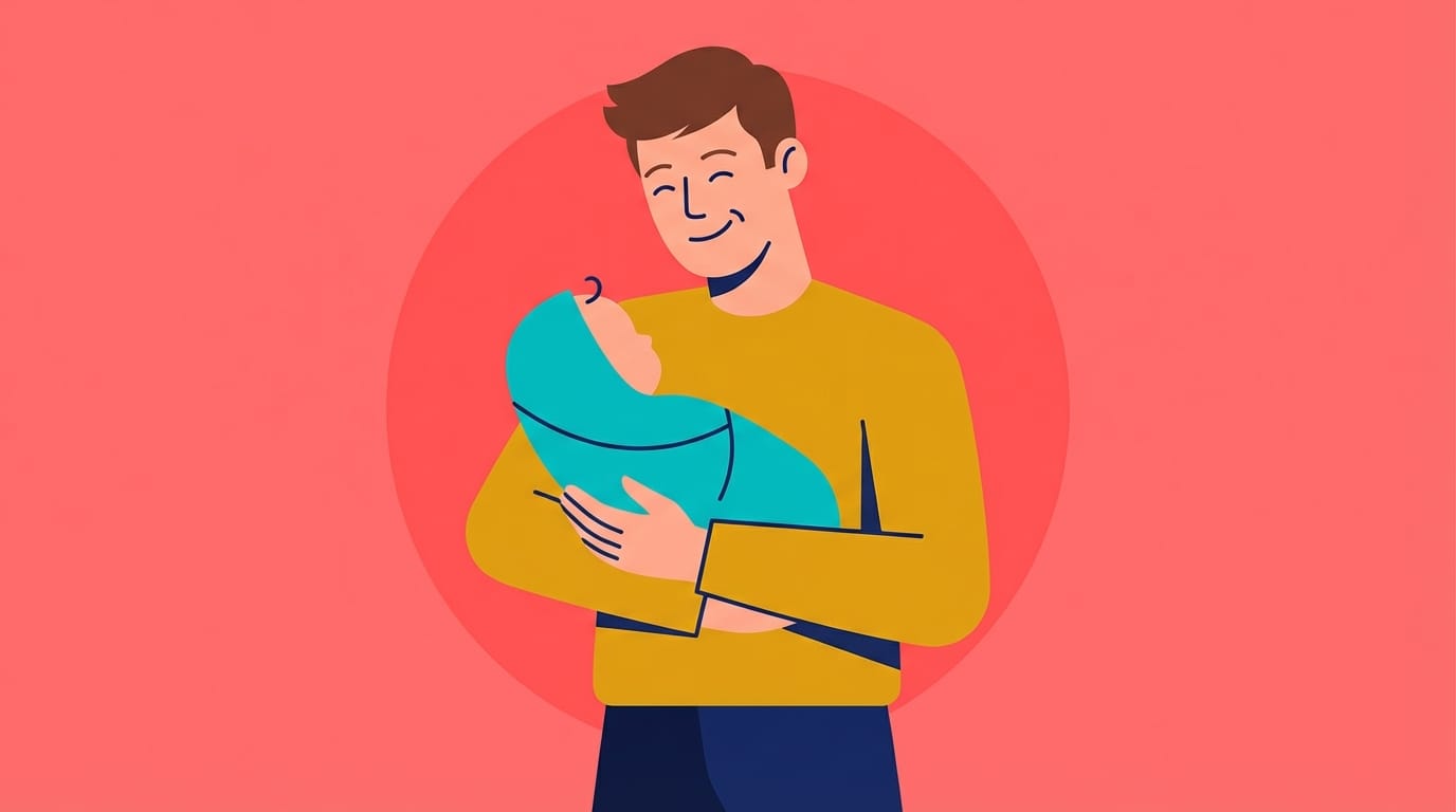 Close-up illustration of a joyful, well-rested father holding his infant securely against his chest, representing the strong bonding outcomes of inclusive maternity care.