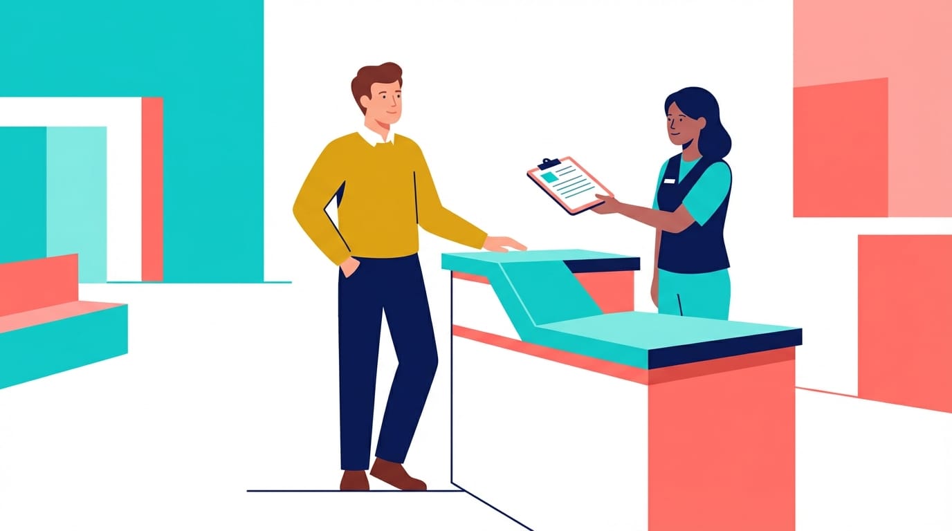 Illustration of a father at a clinic check-in desk receiving his own medical intake form, representing health systems officially registering fathers as co-clients.
