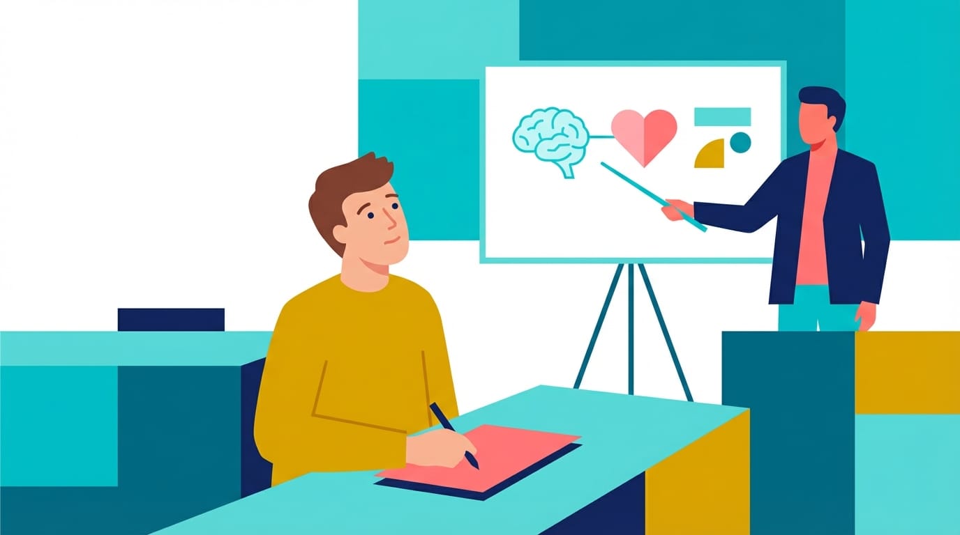 Illustration of a father in a classroom setting taking notes on a notepad, representing clinical interventions like antenatal coping strategy training for men.