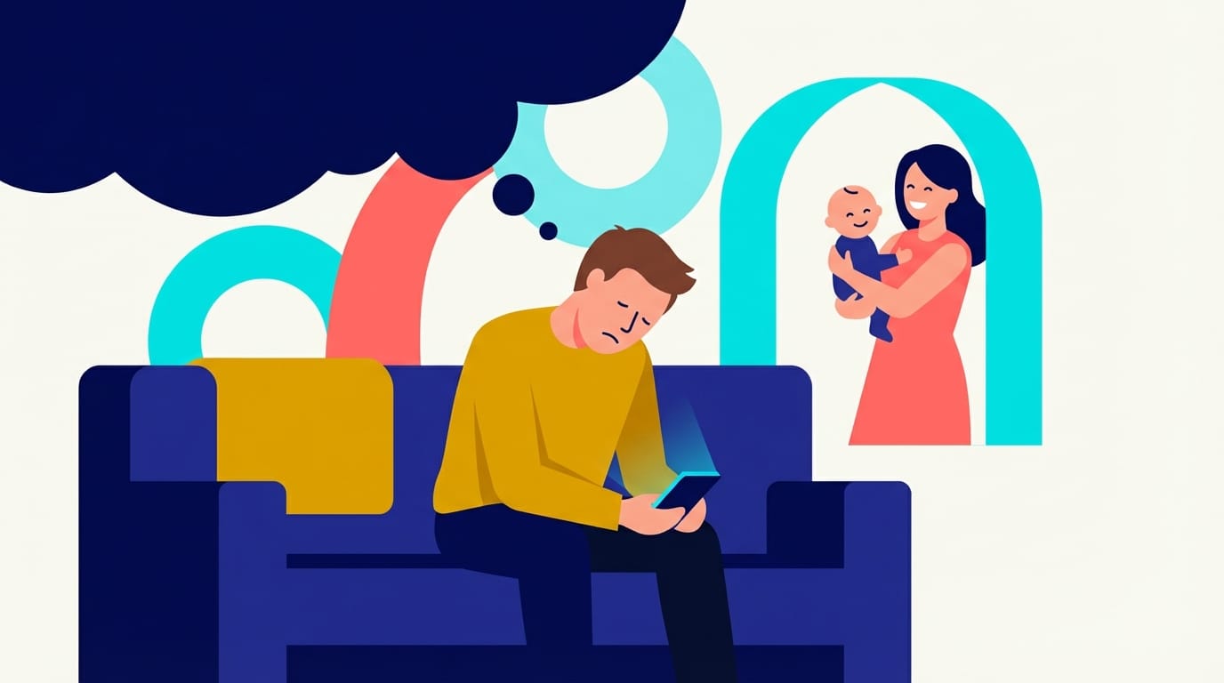 Illustration of a withdrawn, irritable father on a sofa looking at his phone while the mother holds the baby, demonstrating how male postnatal depression symptoms often present.