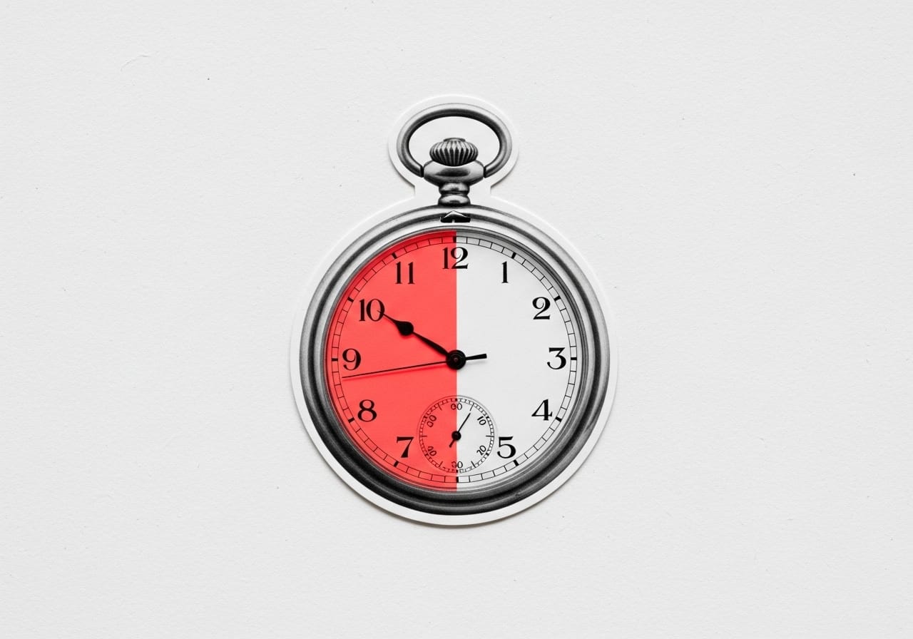 A pocket watch with hands on a textured off-white background. A bold wedge of neon coral covers exactly one-half of the watch face