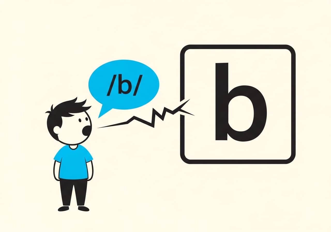 Minimalist graphic of a child with a cyan speech bubble saying /b/. A jagged, broken line connects the bubble to a black letter b, symbolizing a sound-to-symbol disconnect