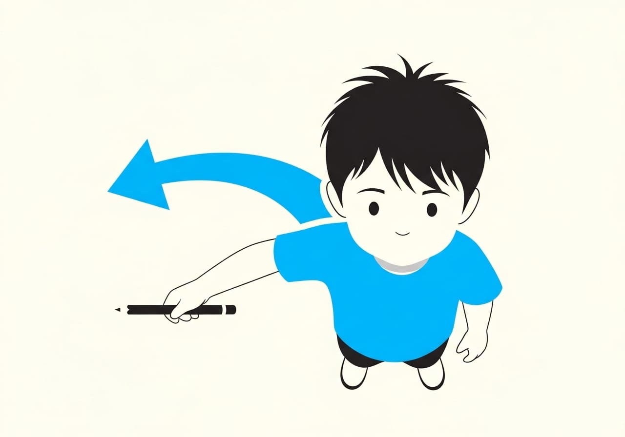 Top-down minimalist vector of a child holding a pencil in their left hand. A large cyan arrow sweeps outward to the left, illustrating the natural physical movement of the arm.