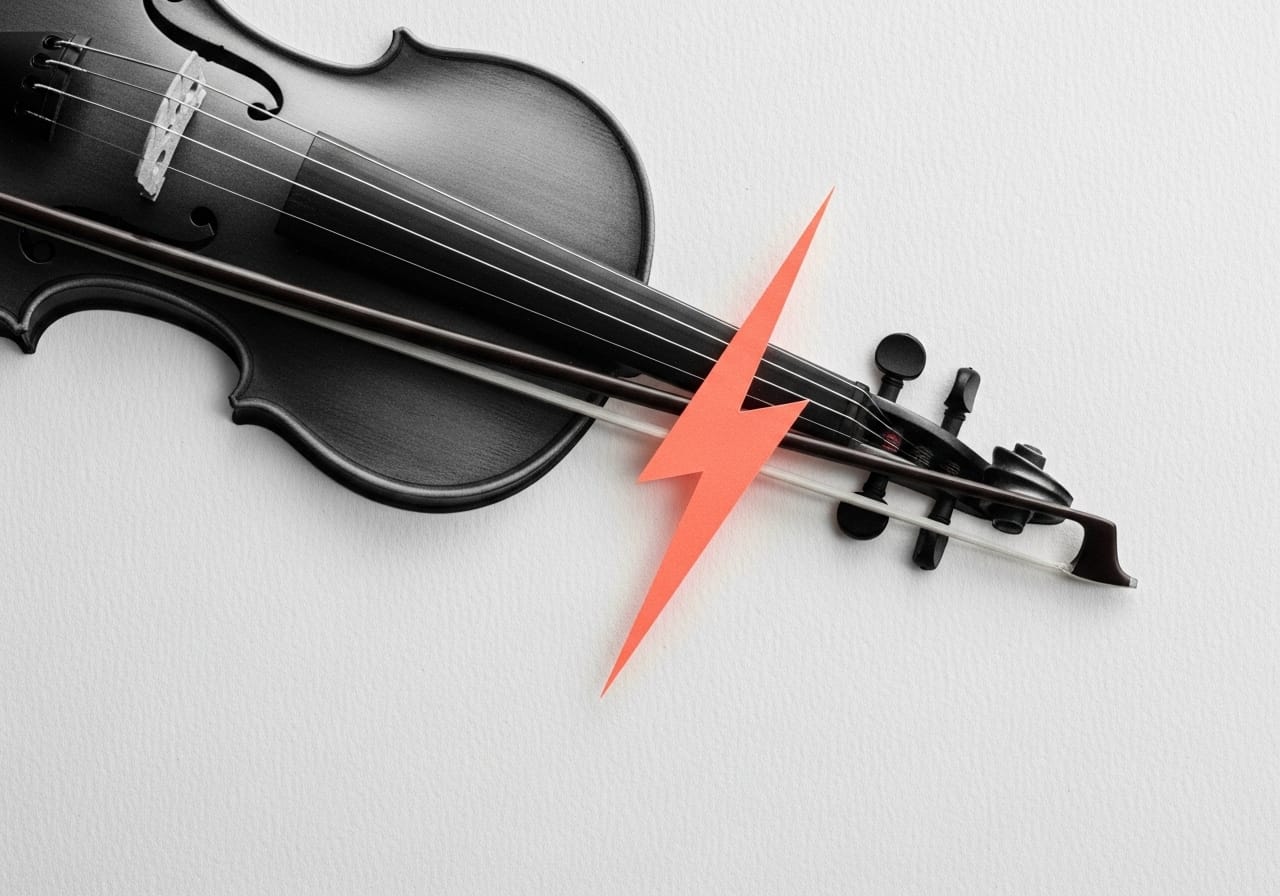 A violin bow resting on strings. A sharp, jagged neon coral lightning bolt sits at the contact point against an off-white background