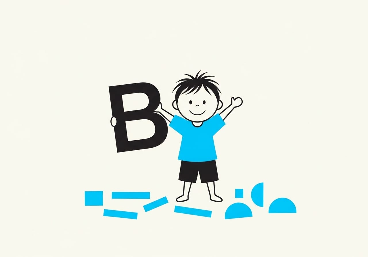 Minimalist vector of a child happily holding a large, correctly oriented black letter B. Scattered cyan geometric shapes lay at their feet, representing assembled alphabet blocks.