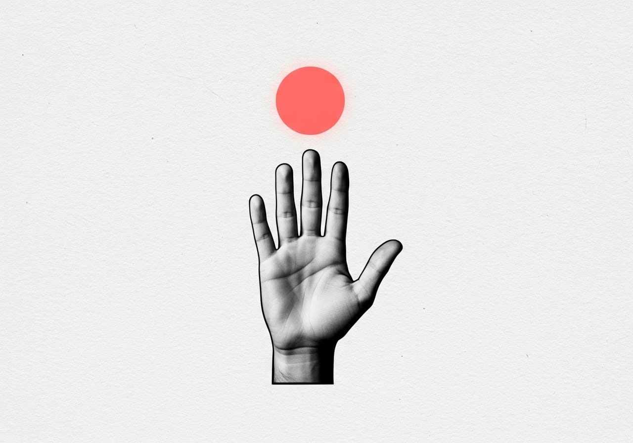 A black-and-white cutout of a hand making a stop gesture. A bright neon coral circle hovers above the palm against a textured off-white background