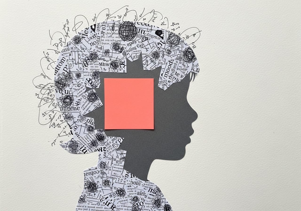 A child's head surrounded by chaotic black-and-white typography. Inside the head sits a clean neon coral square, set against an off-white background