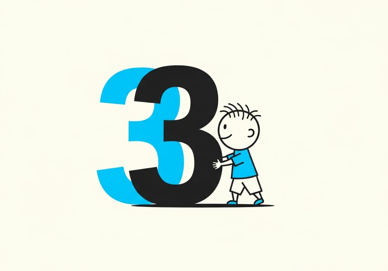 Minimalist graphic of a child pushing a large black number 3. A cyan shadow of a 3 sits behind it.