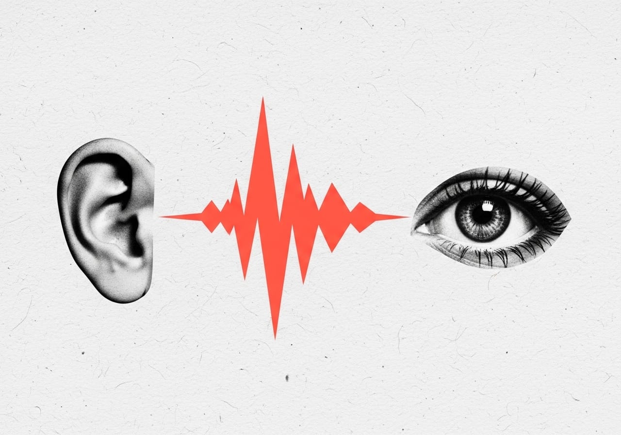 A black-and-white cutout of a human ear and an eye, connected by a sharp neon coral paper soundwave graphic