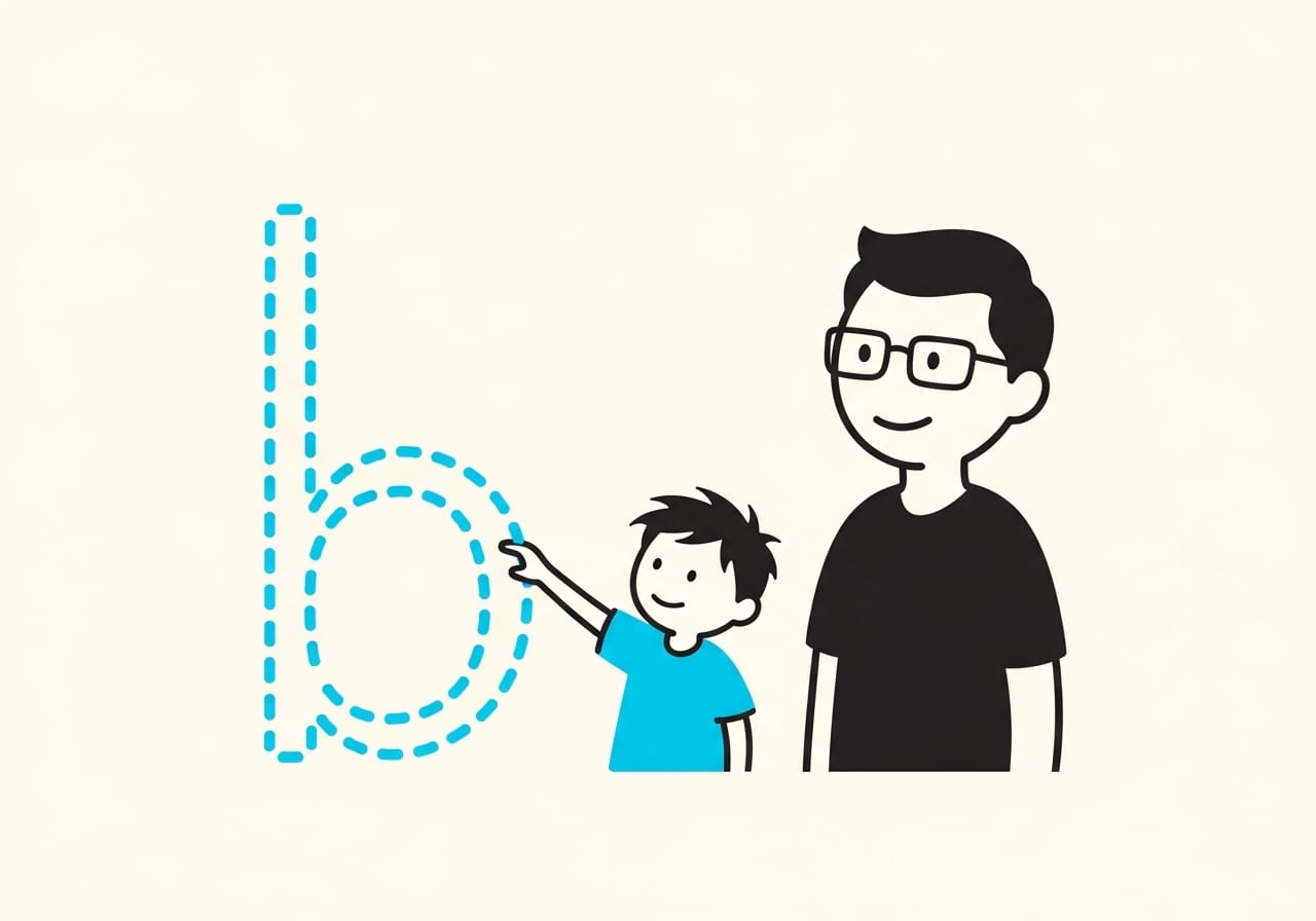 Minimalist vector of a child tracing a large letter b made of thick cyan dashed lines in the air. An adult stands beside them, demonstrating an air-writing motor technique.