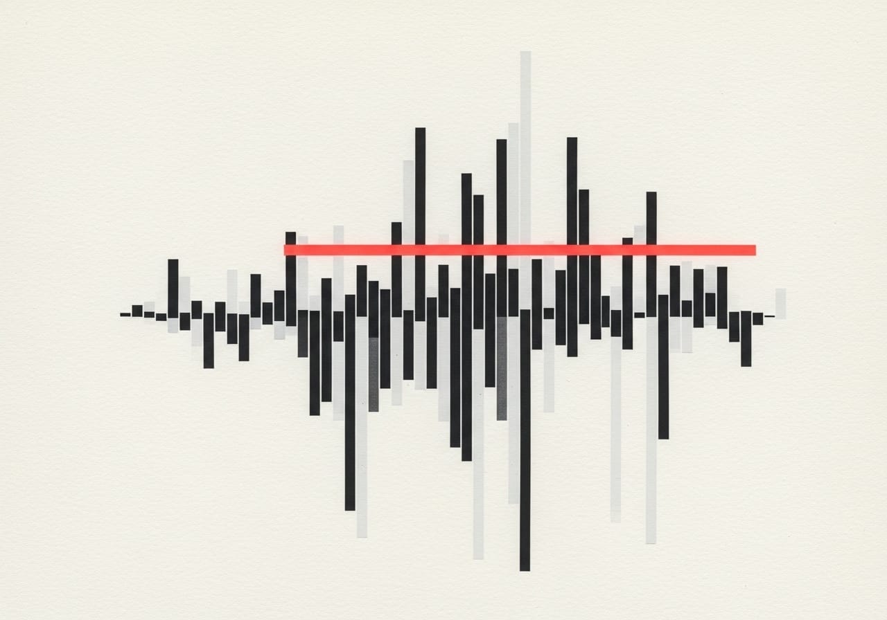 A vertical black-and-white bars resembling sheet music. A sharp horizontal neon coral line cuts across the bars on a textured off-white background
