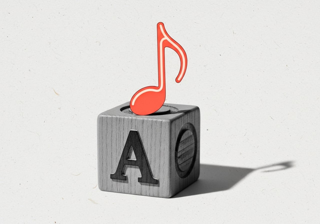 A wooden alphabet block displaying the letter A on off-white paper. Resting atop the block is a bright neon coral cutout of a musical eighth note