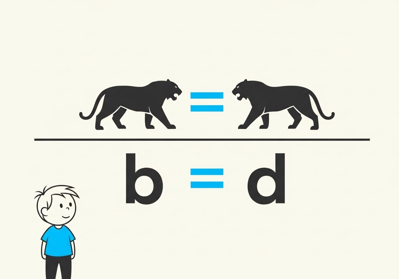 Minimalist vector showing two tigers facing opposite directions linked by an equals sign, above the letters b and d linked by an equals sign. A child observes from the left.