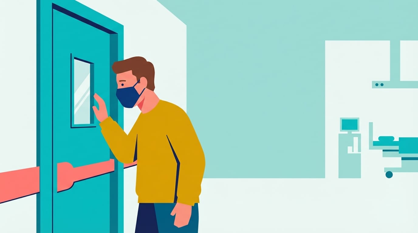 Illustration of a father wearing a mask, looking through the window of a closed delivery room door. It represents the isolation of being locked out during pandemic visitor bans.