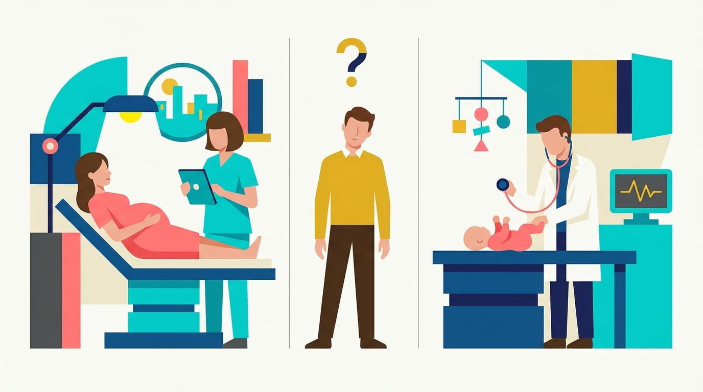 Split-screen illustration of a mother and infant receiving separate medical care, while the father stands isolated in the center gap with no designated healthcare support.
