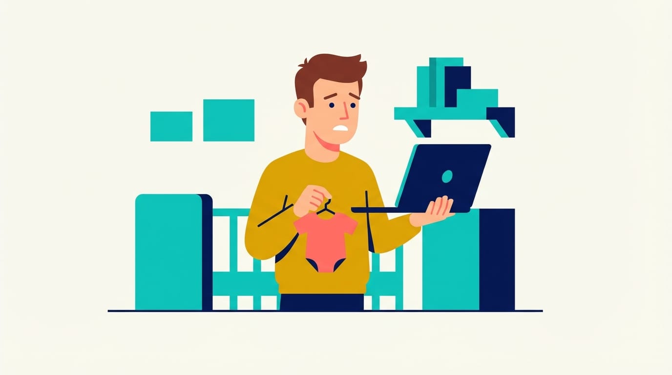 Illustration of an anxious new father standing alone in a nursery, balancing an open laptop and a baby onesie, depicting the intense pressure of shifting roles and work demands.