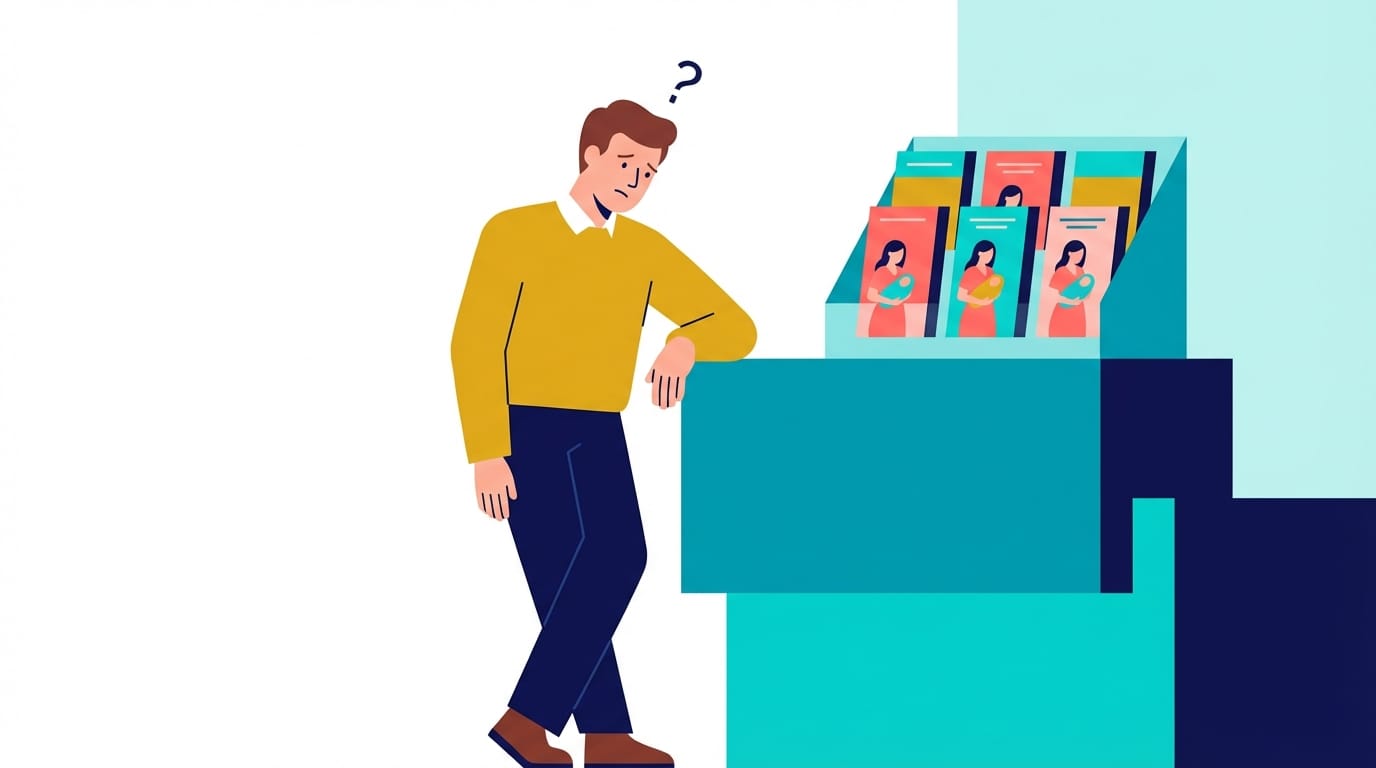 Illustration of a father looking confused at a hospital pamphlet rack. All the medical literature features only women and babies, representing a lack of resources for men.