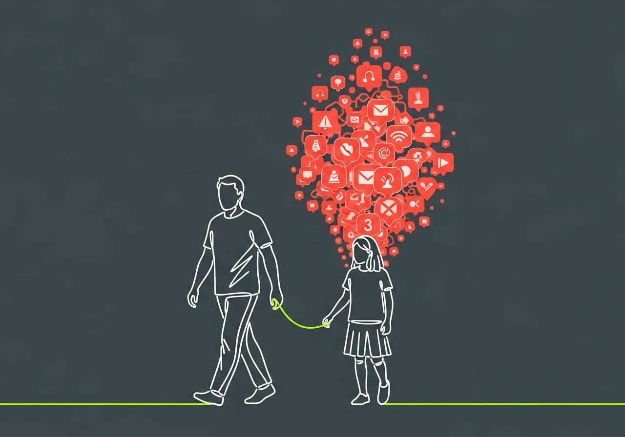 White line drawing of an adult and teenager walking. A coral cloud of icons follows the teen, while a solid green line connects their hands, representing a parental anchor.
