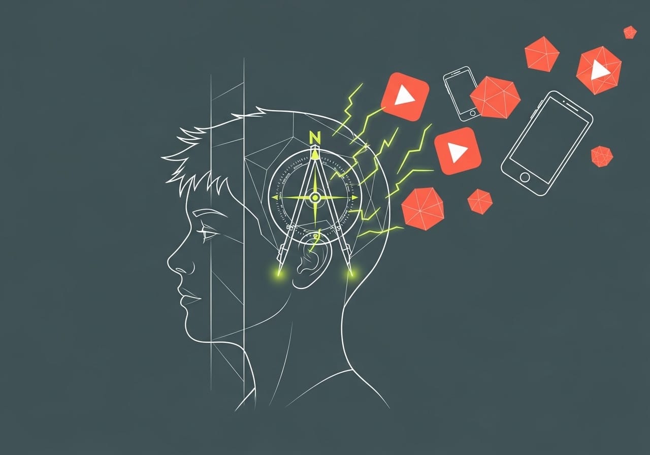 White line drawing of a teenager. A glowing yellow-green compass in their mind points the way through a field of coral smartphone parts.