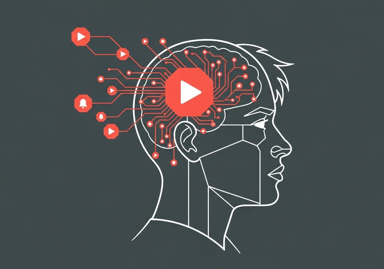 White line drawing of a teenager’s head on teal. Vibrant coral notification icons and play buttons plug into the brain area, representing the pull of predatory app design.