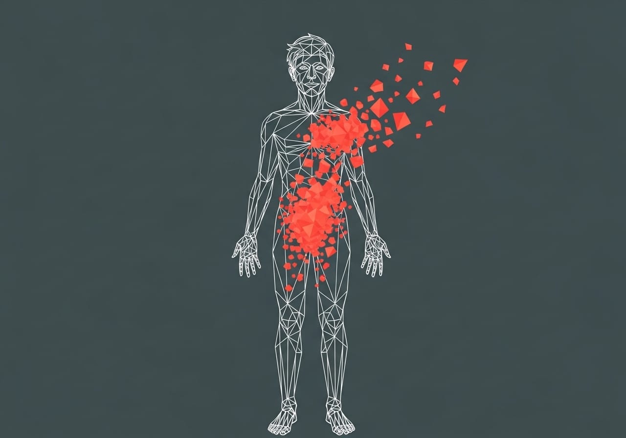 Full-body white line drawing of a teenager. Jagged coral triangles cluster in the stomach and chest, showing how unmanaged emotions are felt as physical pain.