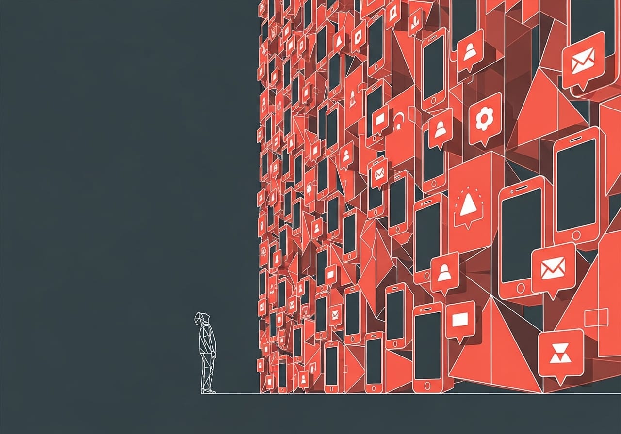 A small white line drawing of a teenager stands before a massive, looming wall made of interconnected coral smartphone frames, representing the scale of digital distraction.