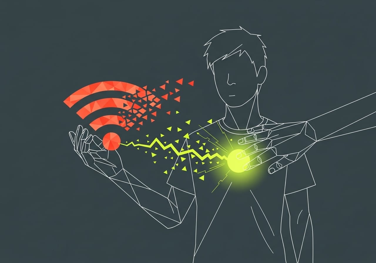 White line drawing of a teenager. A hand unplugs a coral cord from a phone while a warm yellow-green light glows from the teenager's heart, showing internal emotional focus.