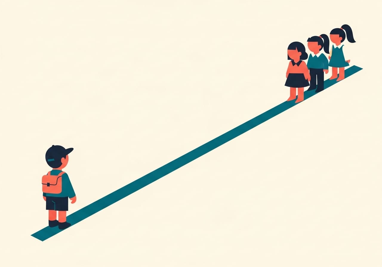A child figure at the left edge. A bold teal diagonal line crosses more than half the image toward a cluster of three children at the right, facing inward.