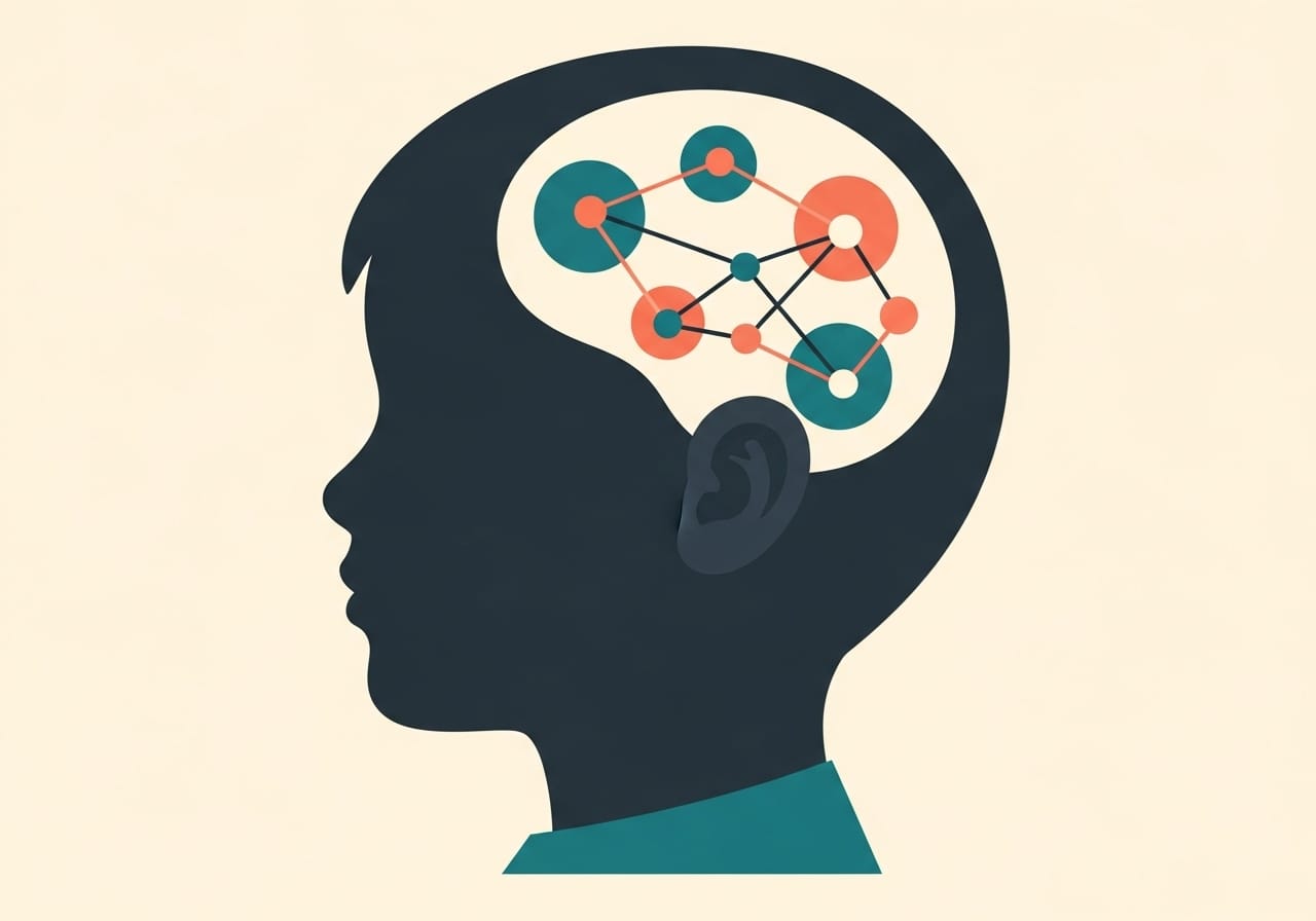 A child's head in profile as a flat charcoal silhouette. Inside, a geometric node network in teal and coral.