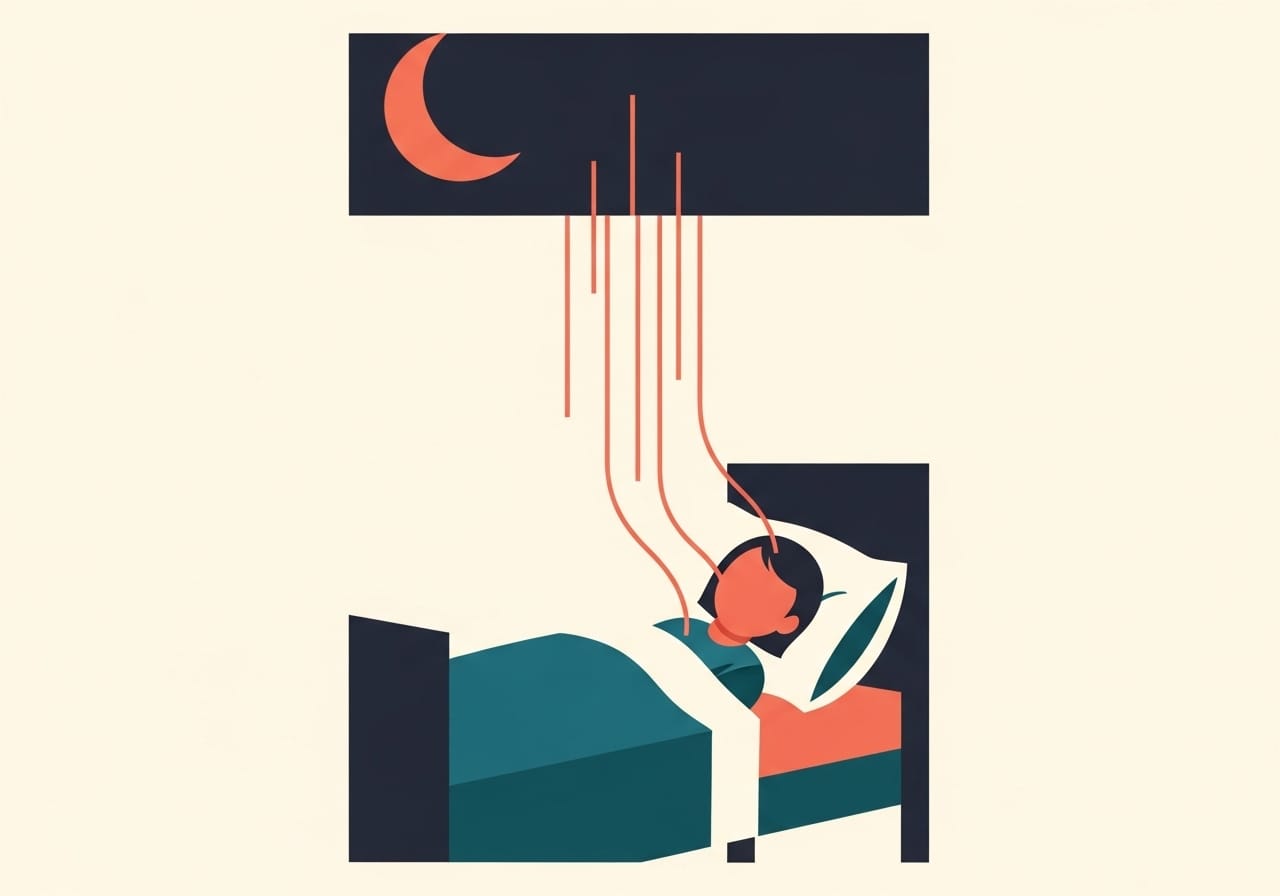 A child lies in a geometric bed beneath a heavy charcoal night band. Thin coral lines reach upward from the child but dissolve before arriving anywhere.