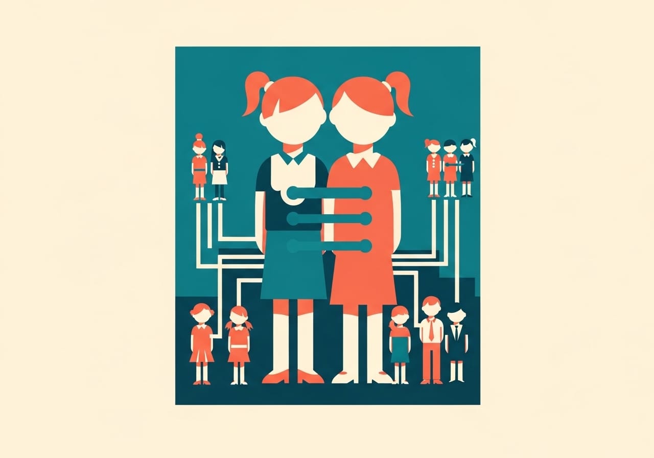 Two identical child figures face each other, connected only to themselves. Surrounding groups have multiple teal connecting lines. Flat constructivist style.