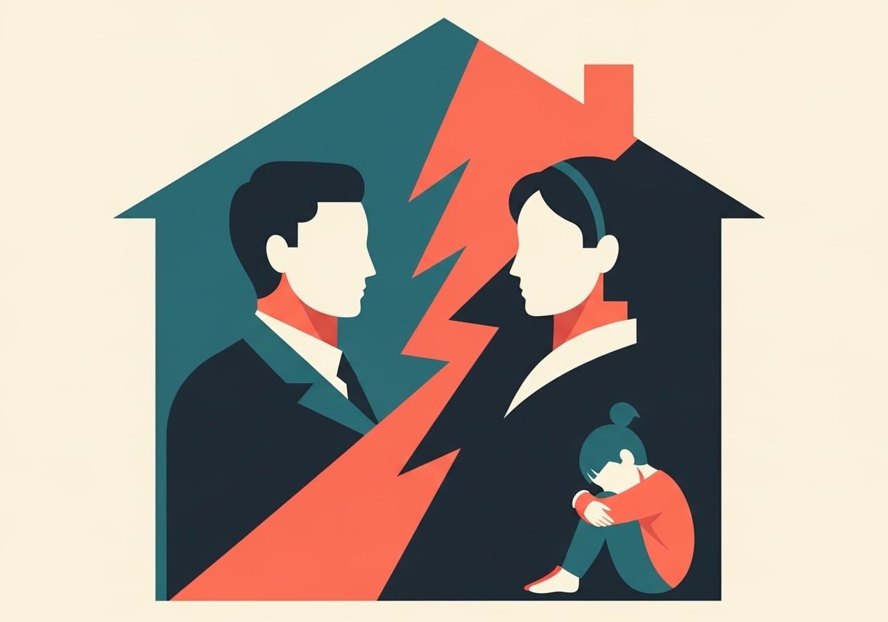 Two adult figures face each other across a jagged coral line inside a geometric house. A small child sits alone in the corner, turned away.