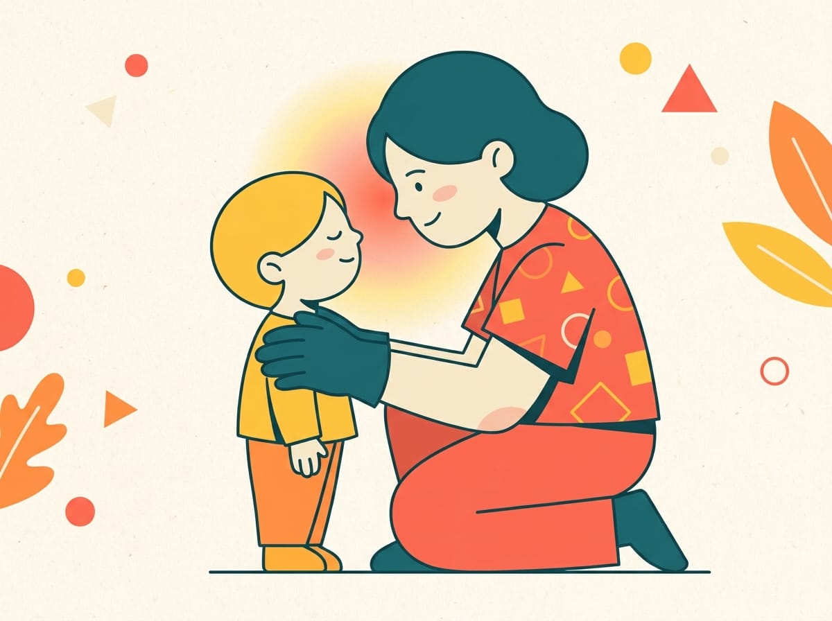 Illustration of an adult kneeling at eye level beside a small child, resting a gentle hand near their shoulder, with a soft glow between them