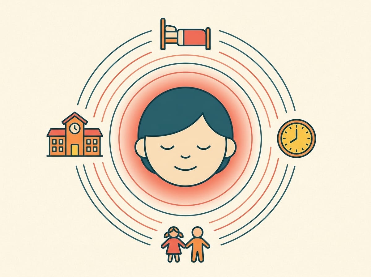 Illustration of a calm child's face at the centre with lines radiating out to small icons of a school, a bed, a clock and two friends
