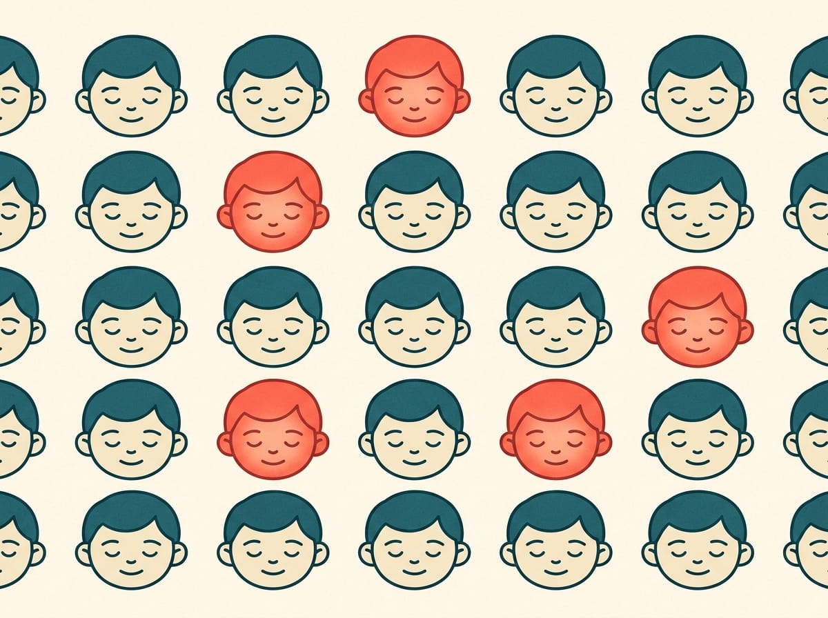 Illustration of a grid of identical teal-and-cream child faces, with one in every five filled bright coral red to stand out from the rest