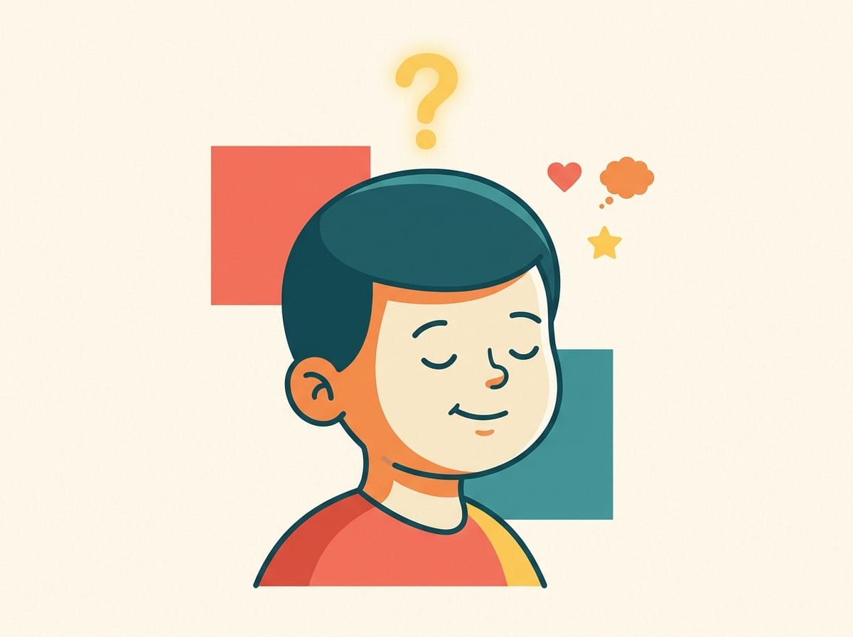 Illustration of a calm child's head and shoulders with a softly glowing question mark floating above, surrounded by small simple symbols, on a cream background