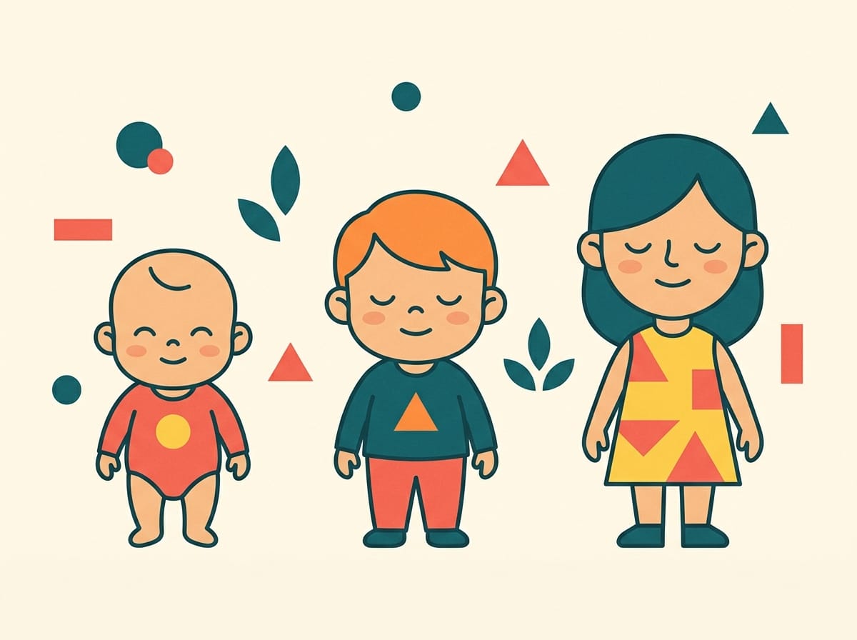 Illustration of three children in a row in the same flat style, growing from a baby to a toddler to an older child, on a cream background