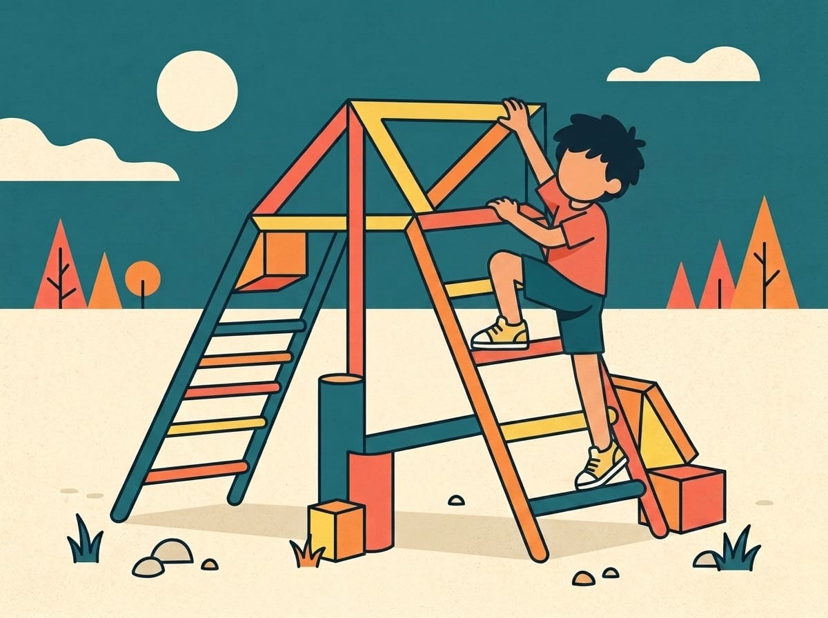 Illustration of a child climbing a geometric frame with one arm reaching up, in warm flat colours.
