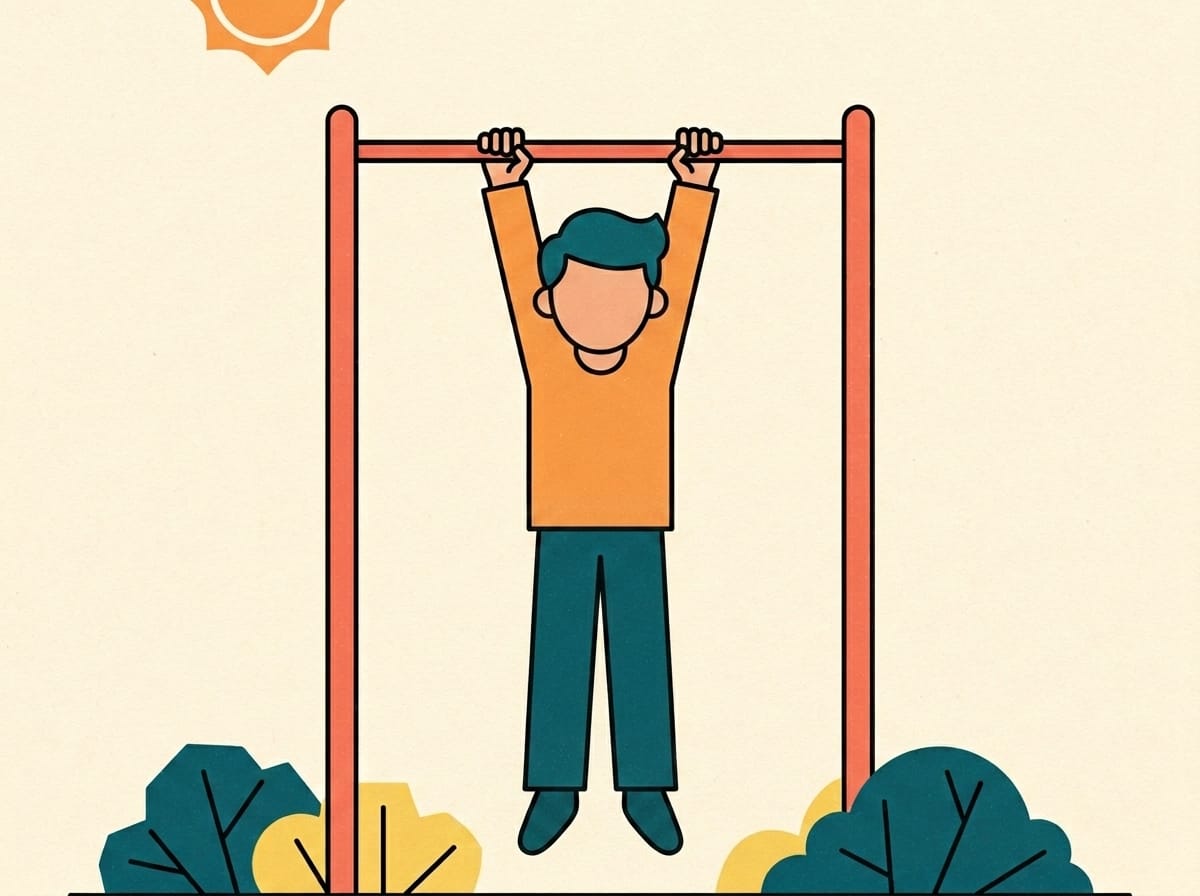 Illustration of a child hanging from a bar with feet off the ground, in bold flat shapes and warm colours.