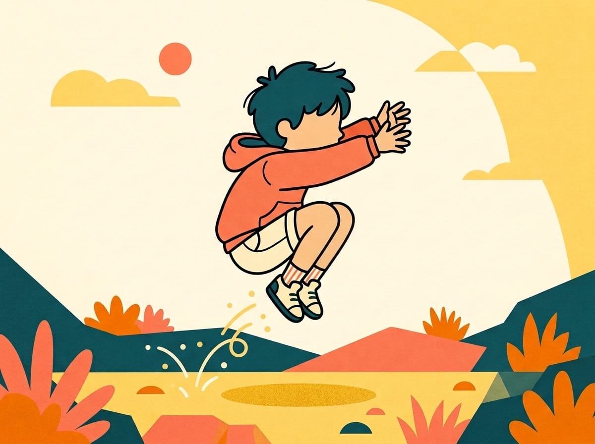 Illustration of a child hanging from a bar with feet off the ground, in bold flat shapes and warm colours.