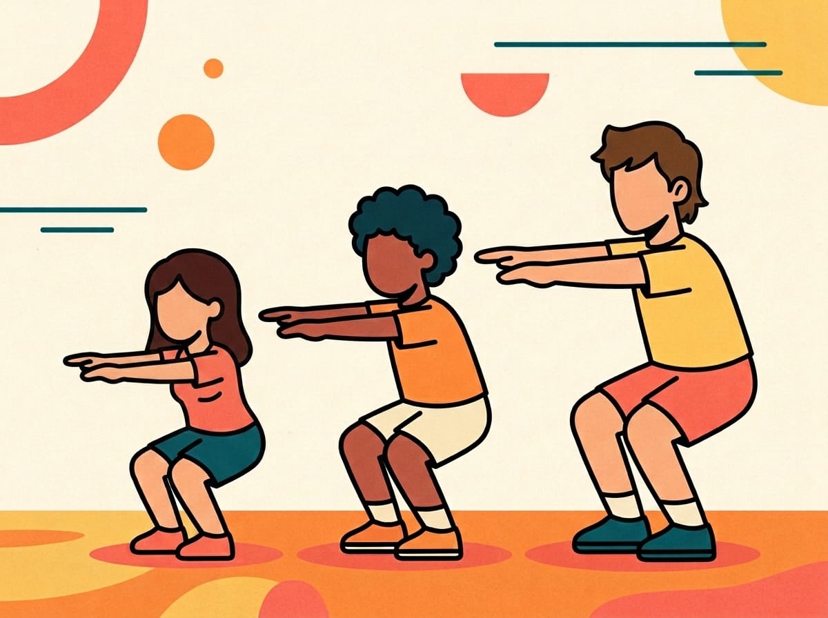 Illustration of three children of different heights squatting in a row with arms out, in warm flat colours.