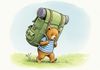 A small bear stooped over while carrying an impossibly huge, heavy green backpack through a meadow, representing the invisible emotional burden of trauma.