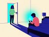 Editorial illustration of a teen on a bed in glowing indigo light, while a parent stands in a sage silhouette in the doorway. A quiet scene of shifting digital responsibility.