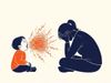 Editorial art: a child screams in orange scribbles while a parent sits in navy silhouette. Captures the sensory overload and "standoff" of parental burnout.